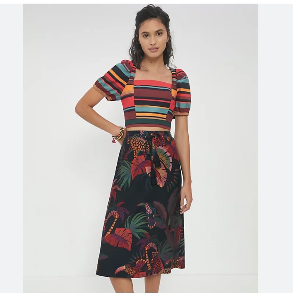 Farm Rio Anthropologie Draw String Midi Jungle Skirt